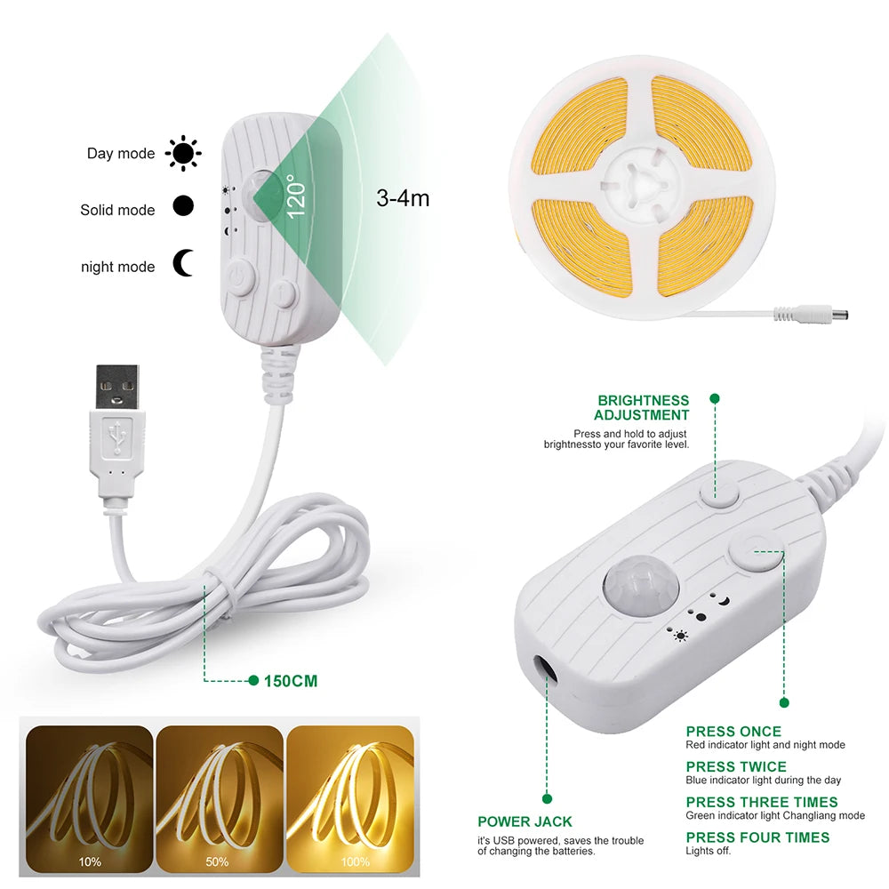 5V Motion Sensor COB LED Strip Light (USB Powered)