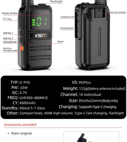 KSUN M3 Plus GMRS Two-Way Walkie Talkie (5W Long Range)