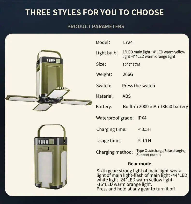Solar LED Rechargeable Lantern (6 Modes, Power Bank)